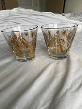 VTG MCM-GAY FAD Glasses-Set Of 2-SIGNED- Gold-Low Ball/Rocks-Leaves Acorns