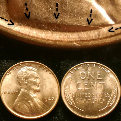 1942-P Die Crack/Pre-Cud/Retained/RCD Error BU Lincoln Cent Wheat Penny