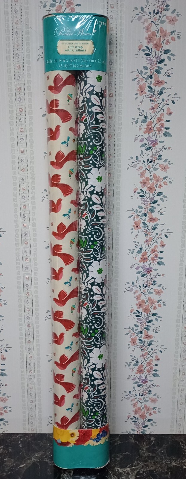 2 Rolls Red Bird's & Floral 45sqft Each Christmas