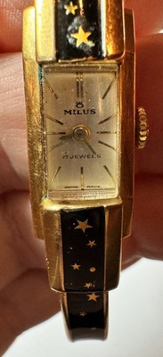 RARE MILUS 10 MICRONS GOLD, 17J, SWISS WINDUP WATCH BLACK  display picture 3