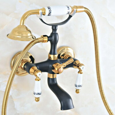 Black & Gold Brass Bathroom Tub Filler Faucet Hand Shower Mixer Tap Set 2na418