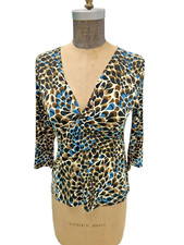 1970s Vintage Blue Brown Black Pattern V Neck Top Small
