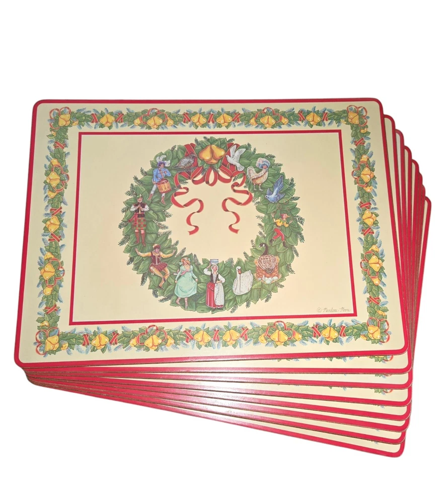 Vintage Pimpernel Marlene Moore 12 Tage Weihnachtskranz 8 Tischsets mit Korkrücken