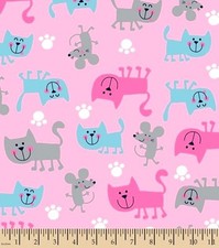 BTY FACE MASKS CATS MICE  PRINTS ON HOT PINK FLANNEL 100 COTTON FABRIC 42X36