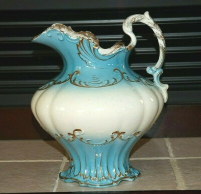 Antique 19th Century OC Co. LIMOGES Porcelain Pitcher Blue & White Gilt 8-1/4''H