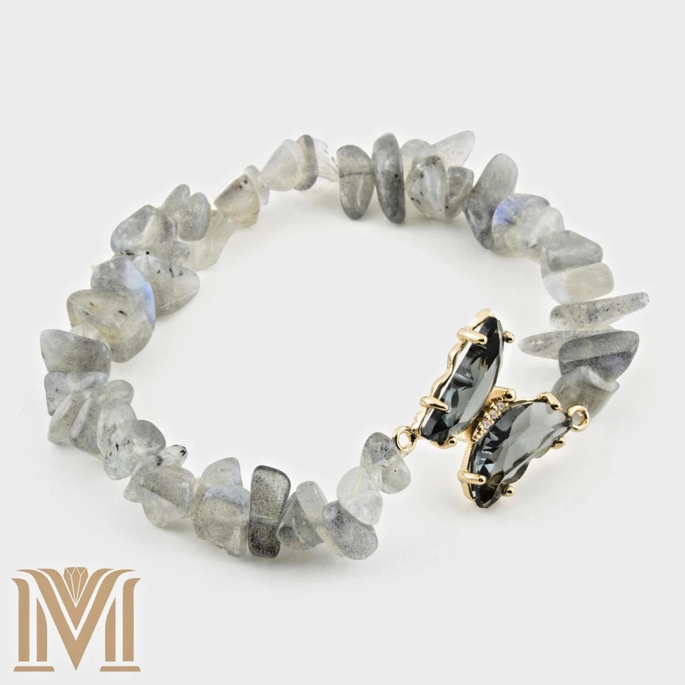 Labradorite Chip Stretch Bracelet – Butterfly Charm, Natural Stone Jewelry (6"-8 - Image 2 of 4