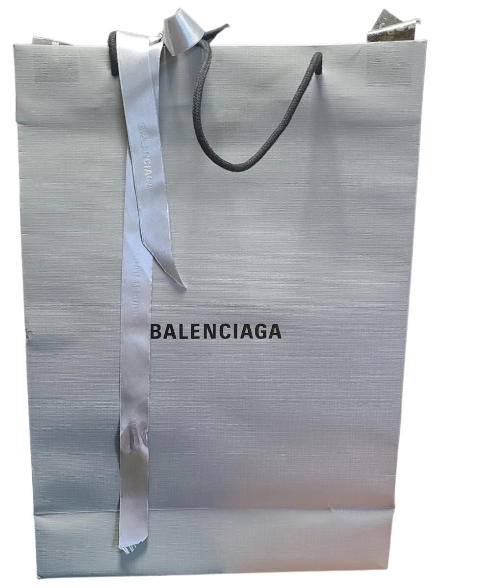 Authentic Balenciaga Designer Large Silver Paper Gift Bag Shopping Tote &amp; Ribbon