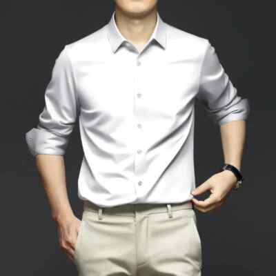 Elastic Long Sleeved Shirt for Men's Fashion Business Solid Color Professional