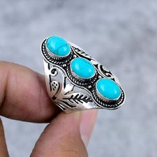 Blue Turquoise Gemstone 925 Sterling Silver Jewelry Ring Gift For Her All Size