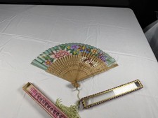 Lot of 2 Vintage Asian Folding Fans Carved Sandalwood Bamboo Hand Painted Decor