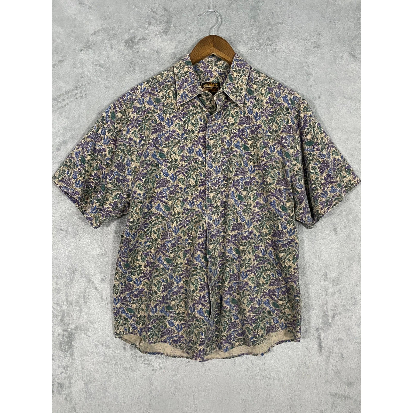 Eddie Bauer Shirt Sz L Multicolor Floral Tropical Short Sleeve Button Up VTG