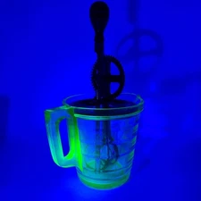 Antique 5 Cup Green Uranium Depression Glass Measuring Cup A&J Hand Mixer