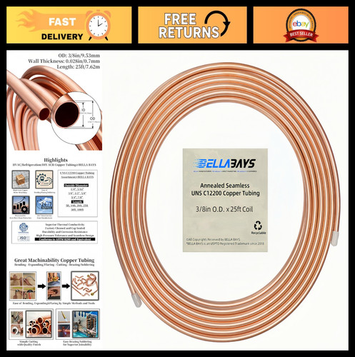 3/8" OD Copper Tubing 25 ft - Seamless Soft Coil for HVAC, Refrigeration, DIY