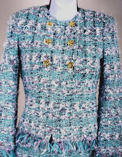 ST.JOHN Womens Tweed Green White Pink Fringed Jacket Sz 14 / 2021 SP