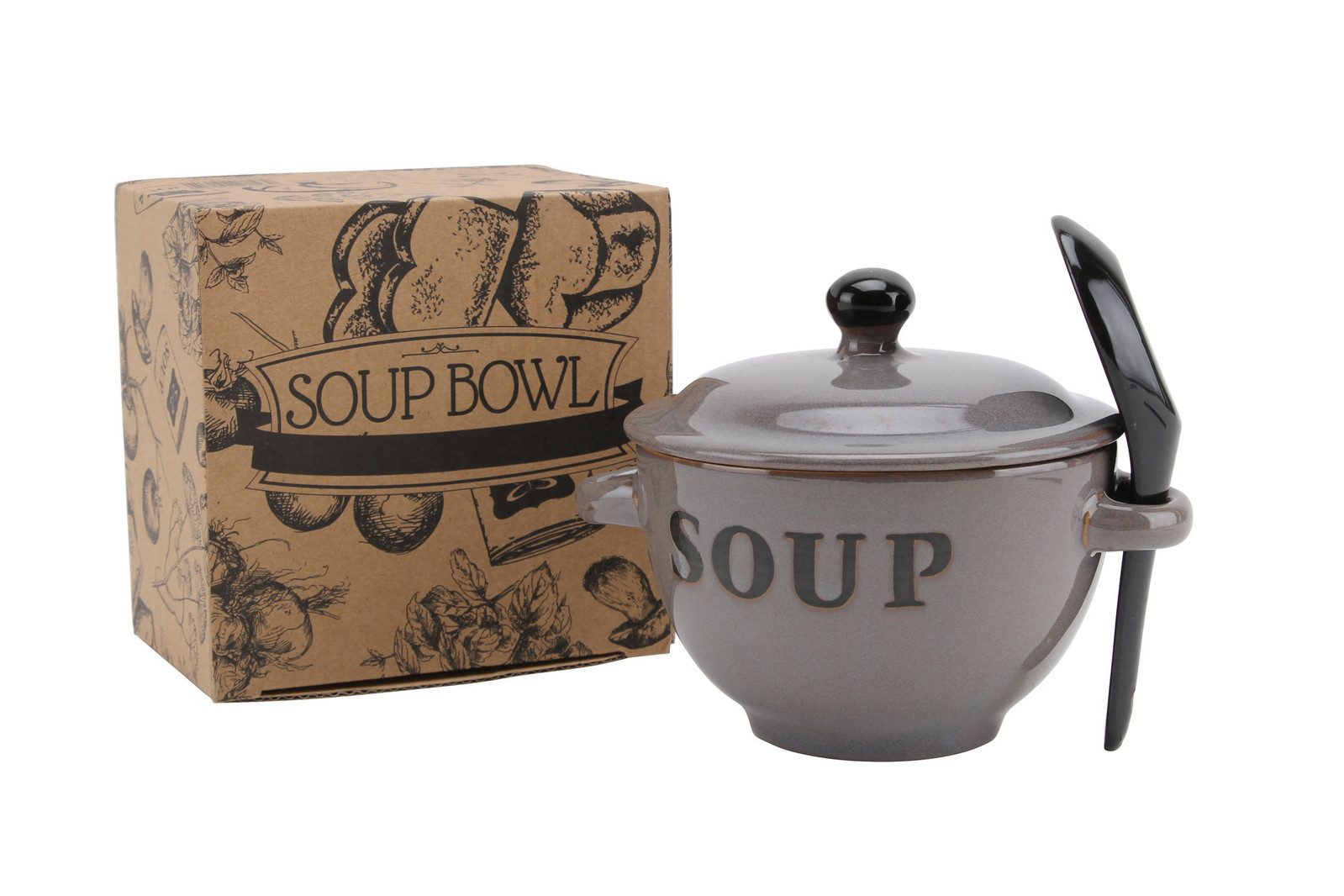 Grey Ceramic Soup Bowl Lid & Spoon 400ml Gift Box Country Kitchen Chic