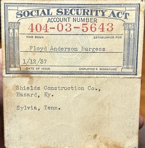 Original Social Security Card 1937 Hazard, KY Or Sylvia, TN