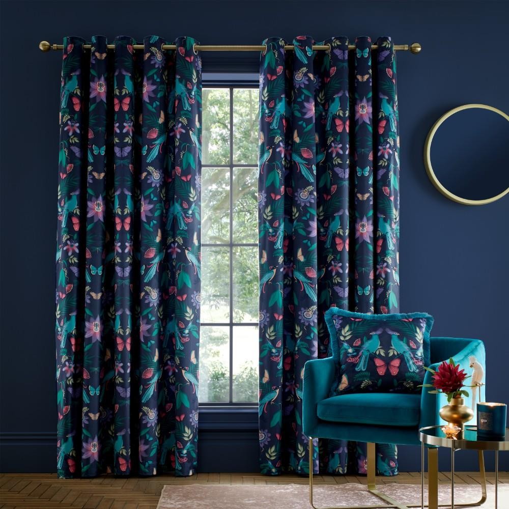 Catherine Lansfield Mya Tropical Birds Velvet Eyelet Lined Curtains