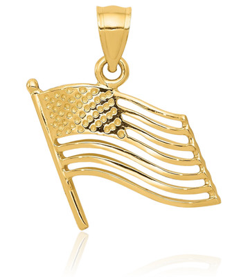 14K massives Gelbgold Medium amerikanische Flagge Anhänger Halskette 23mm 7/8 Zoll