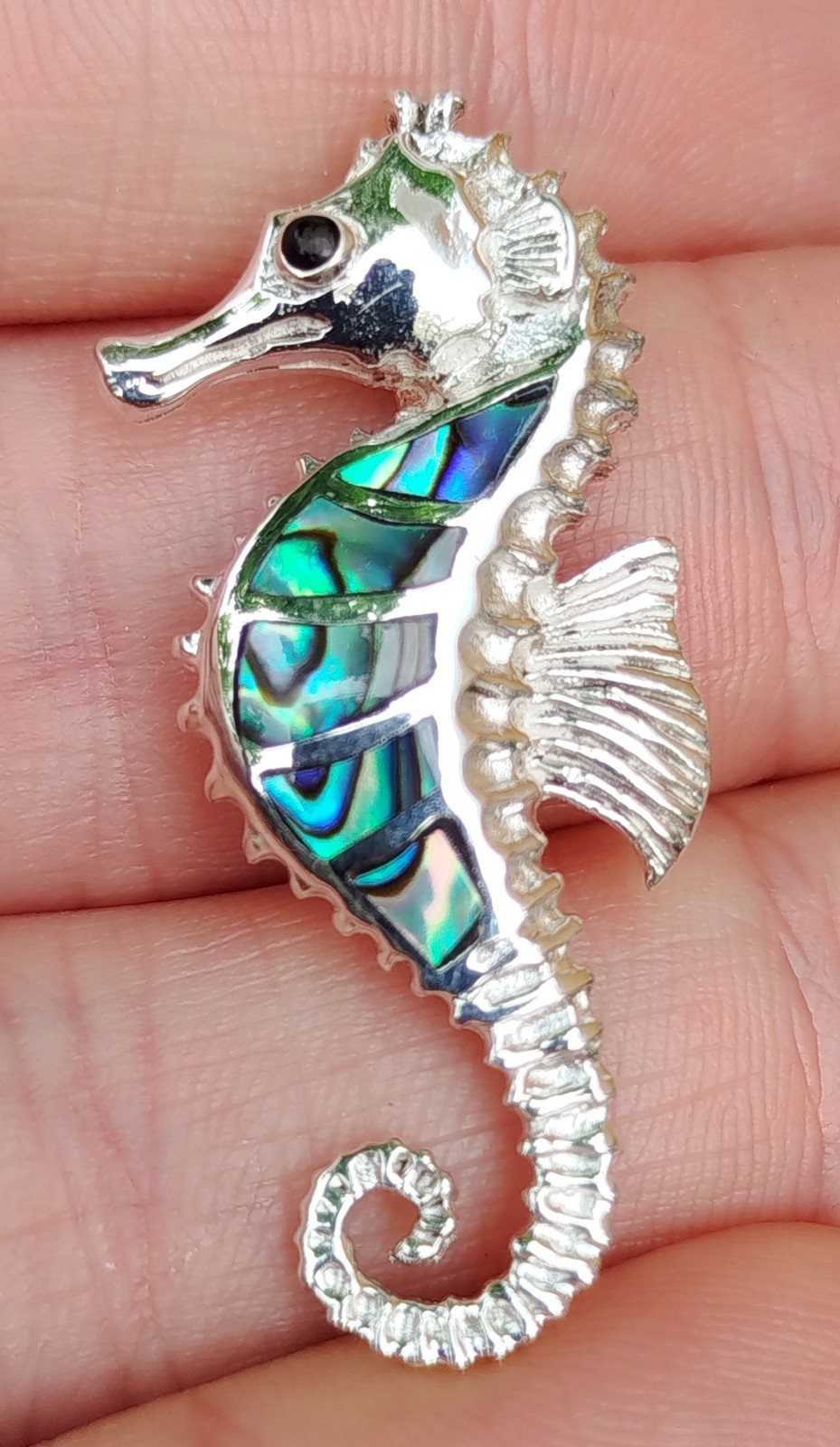 Pendentif hippocampe coquille d'ormeau abalone et argent massif