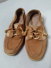 Sperry Women's Top Sider Boat Shoes Size 6.5 Tan Gold Canvas Leather Slip On B11