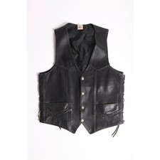 Vintage 80s Black Leather Biker Vest Buffalo Nickel Snaps Heavy Leather USA 42