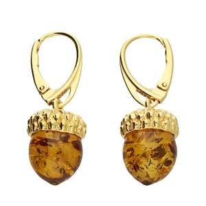 Authentic Drop Earrings Sterling Silver Gold- Plated Cognac Amber Acorn