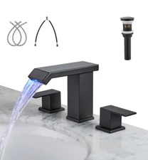 LED Bathroom Sink Faucet 3 Hole, Matte Black Waterfall Bathroom Faucets, 8 Inch