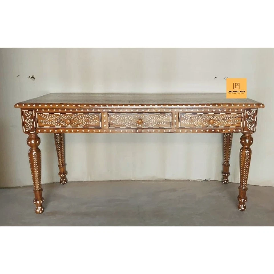 Teak Wood Inlay 3 Drawer Console Table  - Image 3 of 4