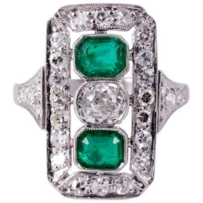 1Ctw Green Emerald & White Round Bezel Set Retro Style Wedding Ring 925 Silver