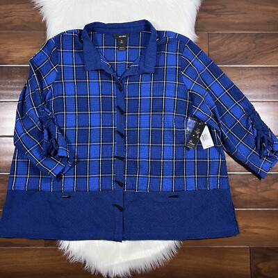 Ali Miles Womens Size 2X Cobalt Blue Plaid Collar Button Shirt Blazer Jacket Top