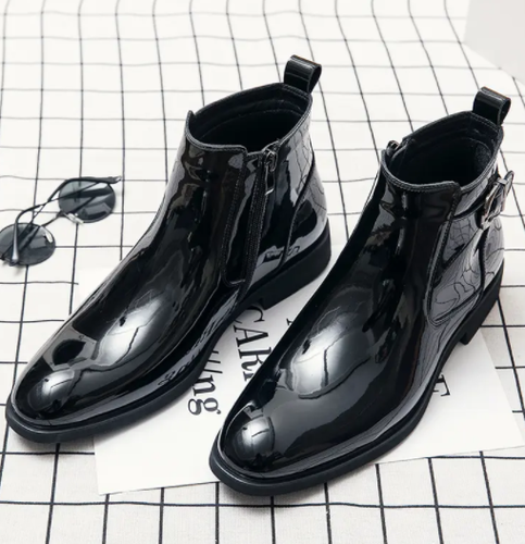 Men Ankle Boots Patent Leather Slip-on 