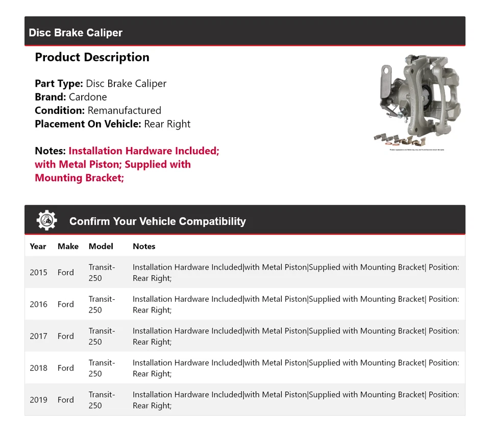 Pinza de freno de disco trasera derecha Cardone 2016 2017 para Ford Transit-250 2015-2019 Foto 2 de 4