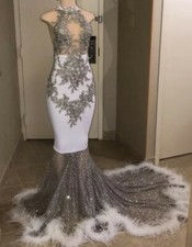 silver white sequin Prom ball gown cocktail sheer wedding dress 6 8 10 12 14 16