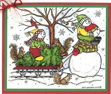 CHRISTMAS Sled SNOWMAN Family Wood Mounted Rubber Stamp NORTHWOODS P9884 New