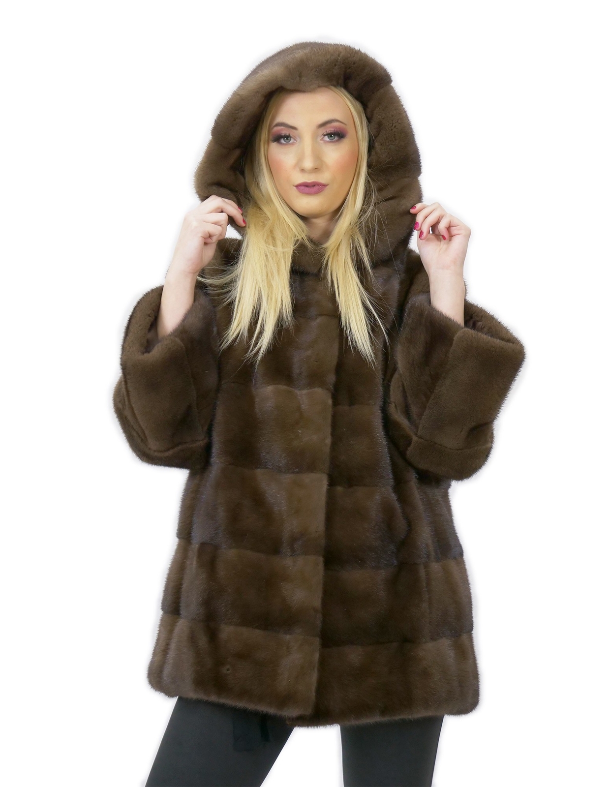 54 Mink Fur Long Sleeve Demy Buff Hood Women's Coat Italian Fashion