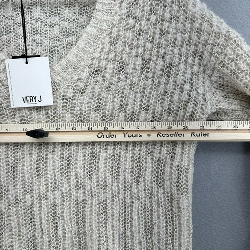 Very J Knit Crochet Sweater Ivory V-Neck Distressed Hem Sleeved SZ S Grunge NWT - Picture 6 of 7