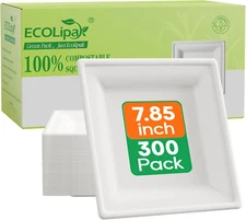 7.85 Inch Compostable Square Paper Plates, 300 Count Heavy Duty Paper Plates, Ec