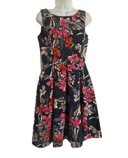 Eliza J Dress Women Size 6 Navy Blue Pink Beige Floral Fit Flare Classic Zipper