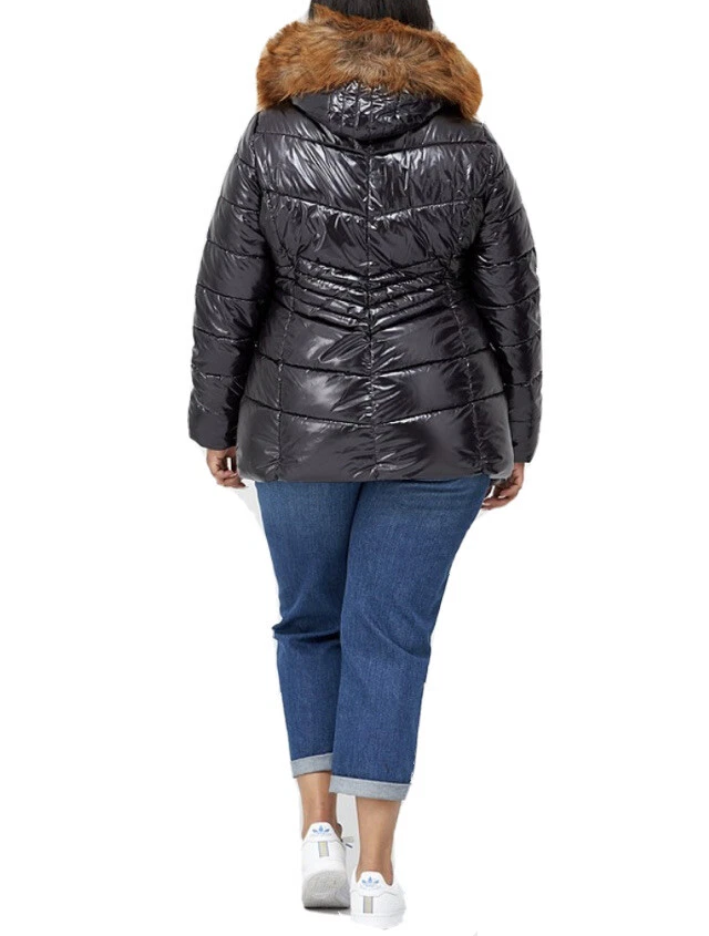 V By Very Curve Plus High Shine Padded Jacket Coat Faux Fur Hood Black Size  16 | eBay