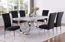 Modern 7 Piece Faux Marble Dining Set, Chrome Finish Frame, Black