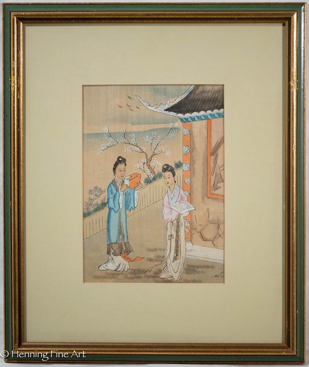 Beautiful Vintage Japanese Silk Painting Female Figures in