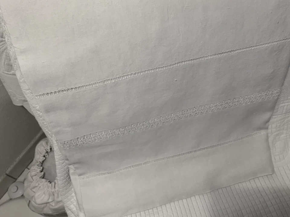 linge ancien Drap DE MARIAGE Avec Retour Travaillé Ajouré Monogramme RH - Photo 3/4