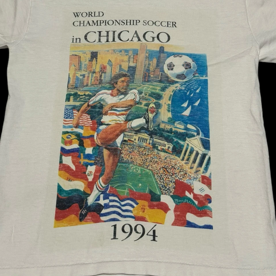 Camisa branca juvenil vintage 1994 Copa do Mundo EUA Chicago média - Imagem 2 de 4