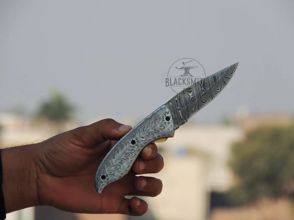 Folding Pocket Knife 8.5" Custom Handmade Engraved Folding Knife With Sheath  - Image 2 of 4