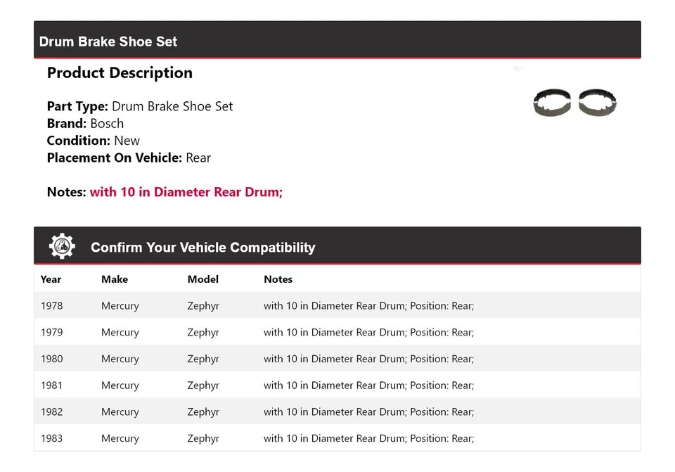 For 1978-1983 Mercury Zephyr Bosch Drum Brake Shoe Set Rear 1979 1980 1981 1982 - Image 2 of 4