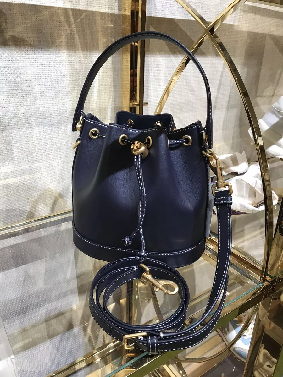 Tory Burch 80504 T Monogram Leather Bucket Bag Midnight Blue Color