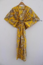 Cotton Loose Short Sleeves Floral Print Yellow Free Size Boho Caftan Maxi Dress