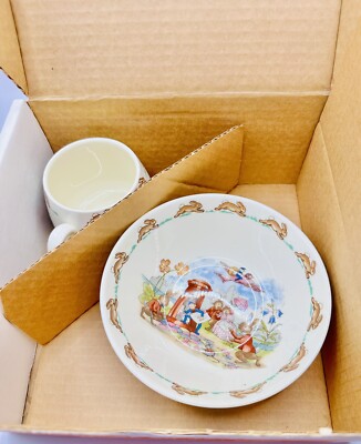 Vintage Royal Doulton Bunnykins 3 Pc Set Plate Bowl Cup Box Mail
