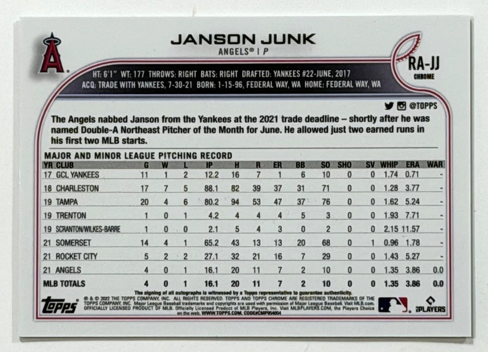 2022 TOPPS CHROME AUTO JANSON JUNK SIGNED AUTOGRAPH ROOKIE CARD RC - Image 2 of 2