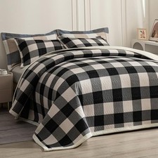 Cotton Plaid Quilt Set, Ultra Soft 3 KING/CAL.KING 108"x96" Grid-black White